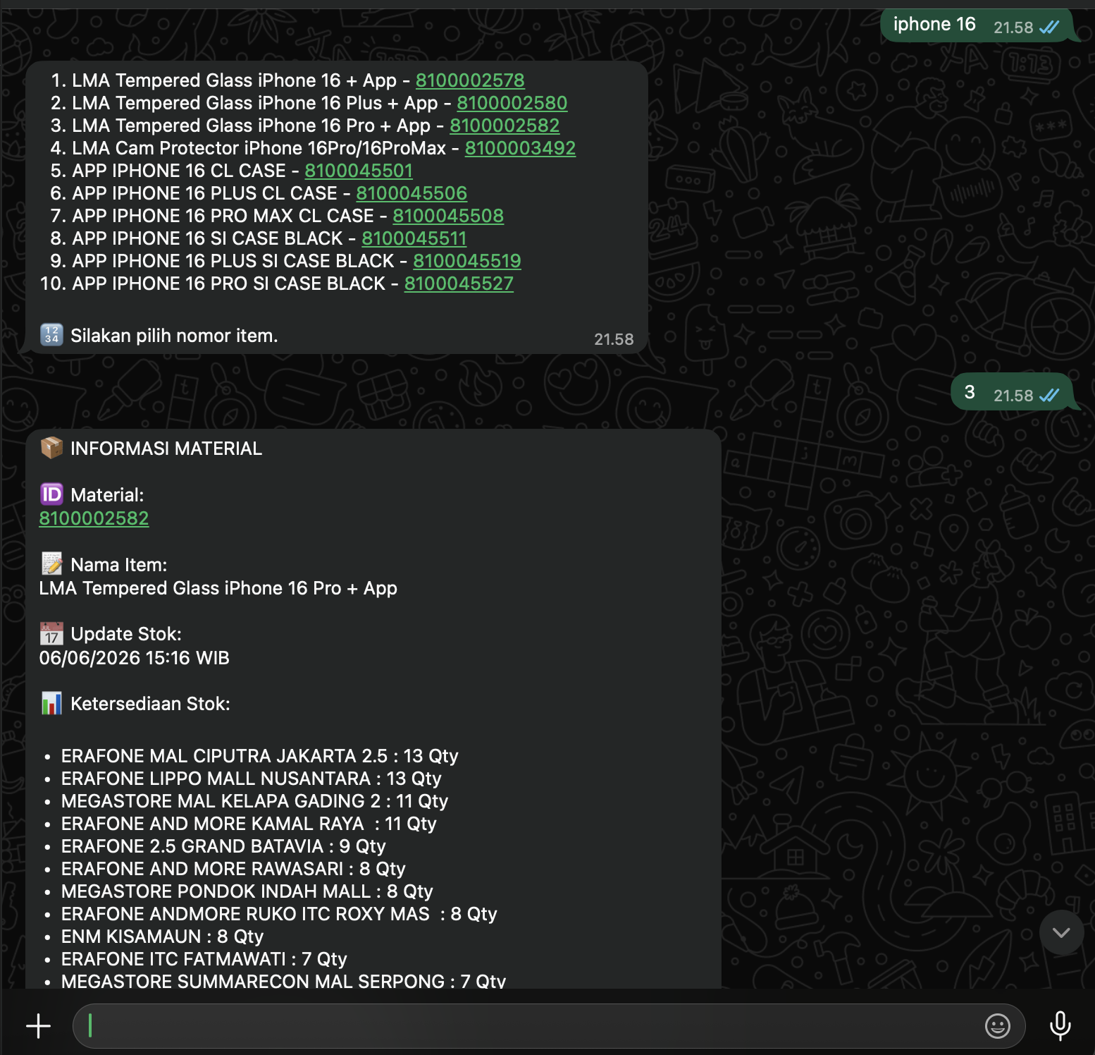 Chatbot product stock detail screenshot