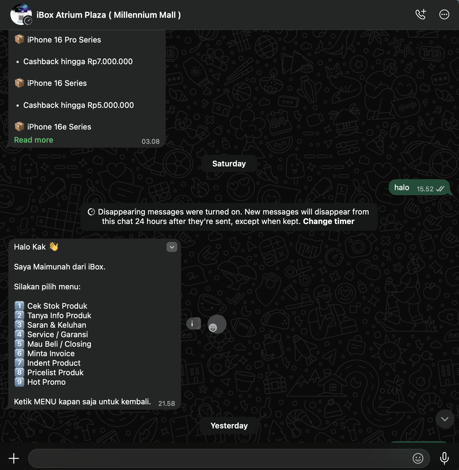 iBox chatbot menu screenshot